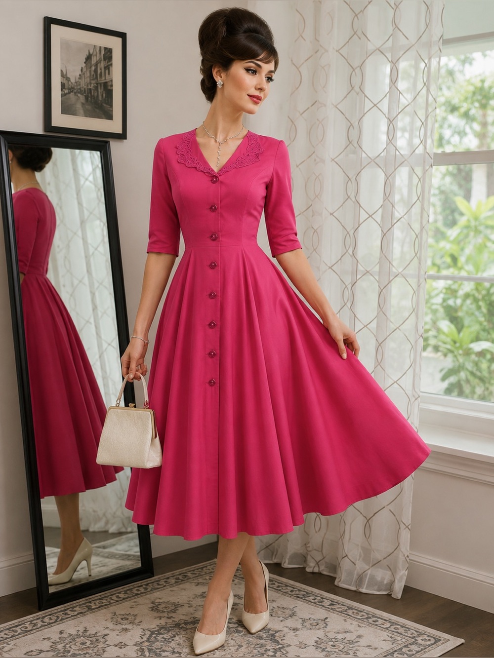 Two Step Dress Women Medium Pink Fit & Flare Lace Collar Jeweled Buttons Vintage